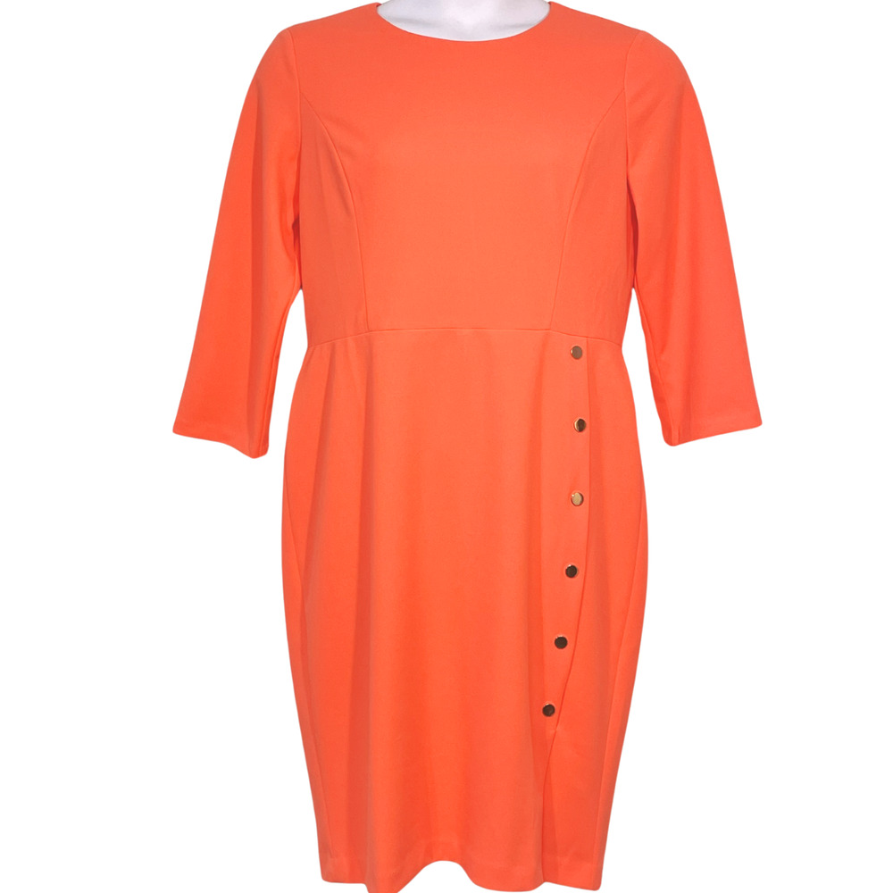 London Style Sz 12 Midi Career Dress 3/4 Sleeves Gold Side Buttons Orange-Pink